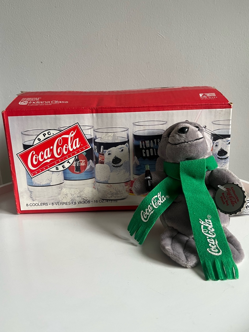Vintage INDIANA GLASS 8 Coca-Cola Polar Bear Glasses & New Coca-Cola Seal Plush
